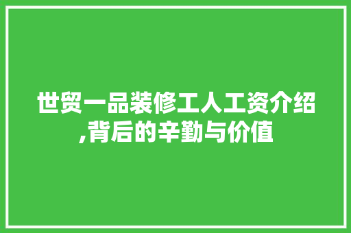 世贸一品装修工人工资介绍,背后的辛勤与价值