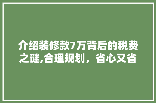 介绍装修款7万背后的税费之谜,合理规划，省心又省钱