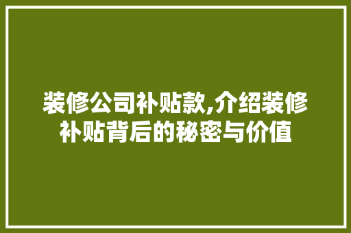 装修公司补贴款,介绍装修补贴背后的秘密与价值 装修公司补贴款,介绍装修补贴背后的秘密与价值 二手房