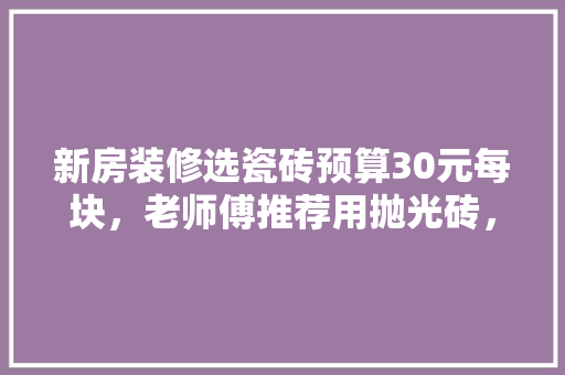 新房装修选瓷砖预算30元每块，老师傅推荐用抛光砖，大家怎么看，准备装修房子用什么砖好呢。 新房装修选瓷砖预算30元每块，老师傅推荐用抛光砖，大家怎么看，准备装修房子用什么砖好呢。 装修知识
